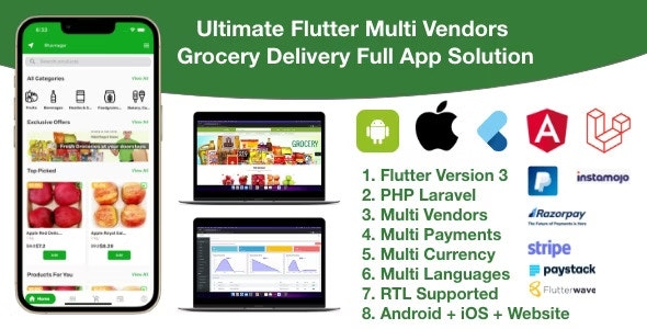 grocery / delivery services / ecommerce multi vendors(android + iOS + website) flutter 3 / laravel v5.0