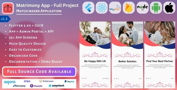 Matrimony App | Match Maker | Life Partner - Full Project (Mobile App, Admin Panel, API, Database)