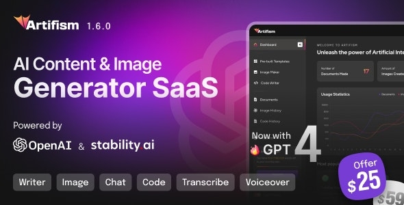 Artifism - AI Content & Image Generator SaaS - v1.6.0