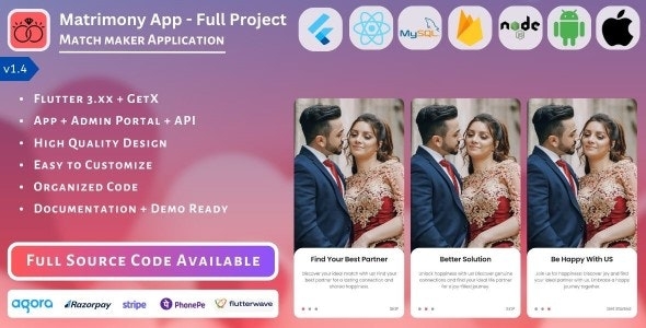 Native Matrimony App | CMS | Full Project (Mobile App, Admin Panel, API, Database) v1.3