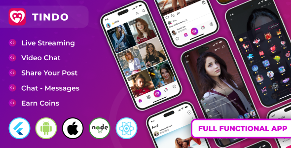 Tindo - Live streaming tango clone, Video call, Chat messages, Post | Flutter app with admin panel