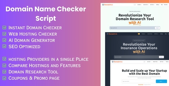 Domain Hub - Domain Checker, AI Name Generator, Who-is-hosting, Whois, DNS React Nextjs tools