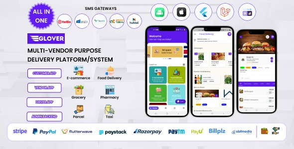 Glover v1.7.30 – Grocery, Food, Pharmacy Courier & Service Provider + Backend + Driver & Vendor app