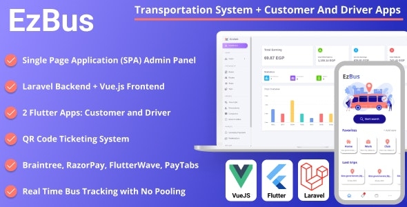 EZBus - Transportation Management Solution - Two Flutter Apps + Backend + Admin panel v2.0