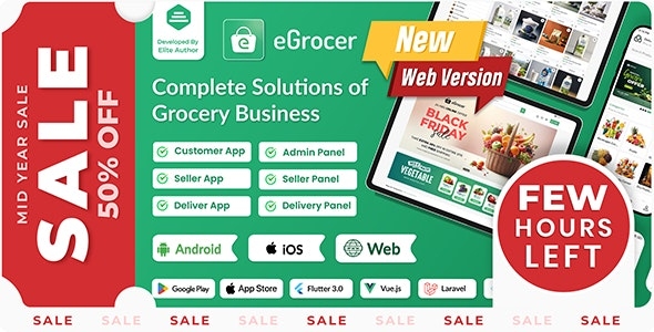 eGrocer - Online Multi Vendor Grocery Store, eCommerce Flutter Full App | Admin Panel | Web Version v1.9.5