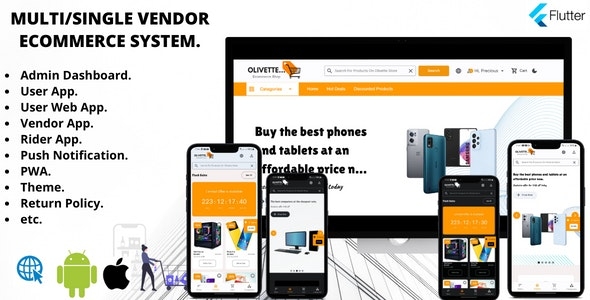 Flutter eCommerce Multi Vendor System, Admin panel, User App & Web With Vendor And Rider App